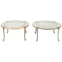 Pair of French Vintage Bronze and Mirrored Round End Tables