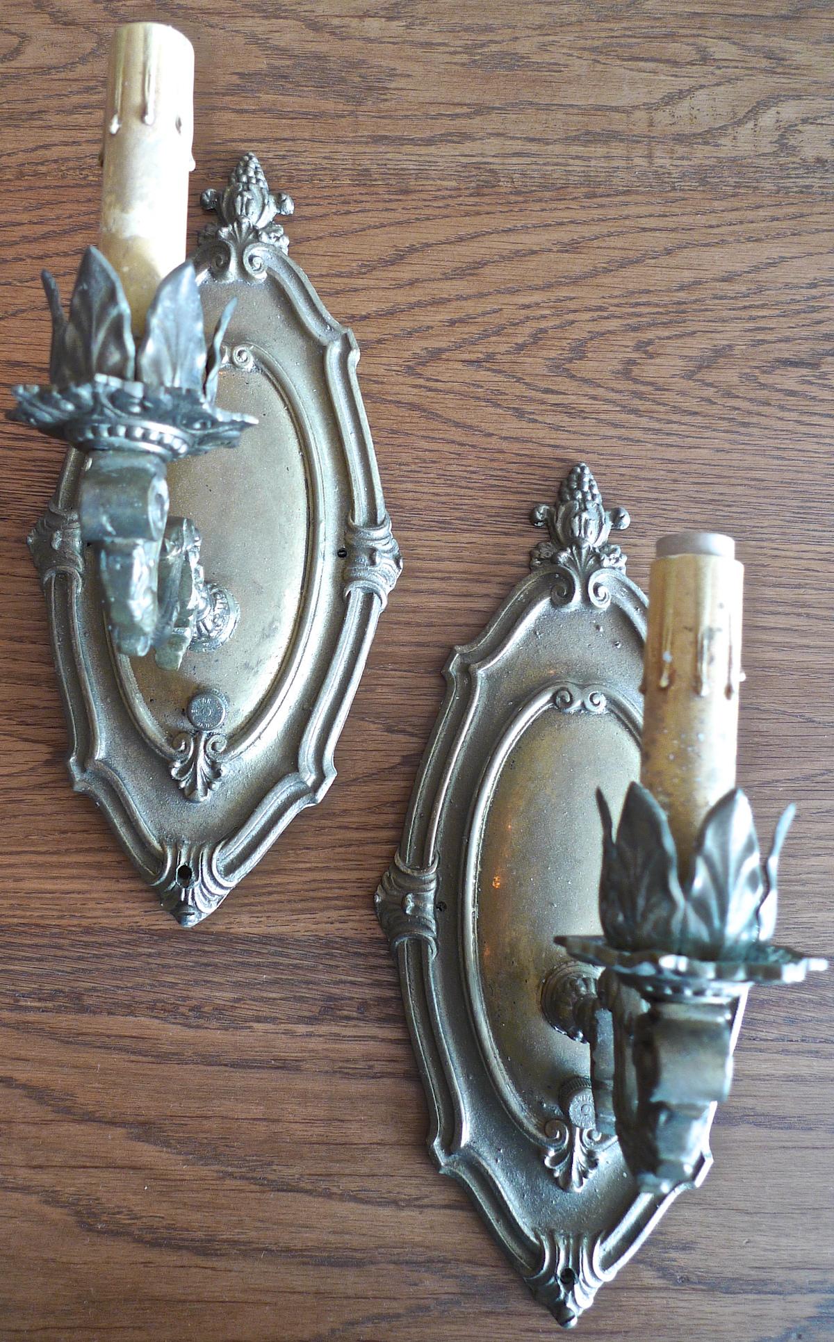 Pair of French Vintage Bronze Single Light Sconces with Control Switch In Distressed Condition In Santa Monica, CA