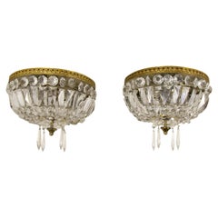 Pair of French Vintage Crystal and Brass Three-Light Ceiling Fixtures