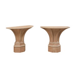 Pair of French Vintage Demilune Wall Console Tables of Carved Oak Wood