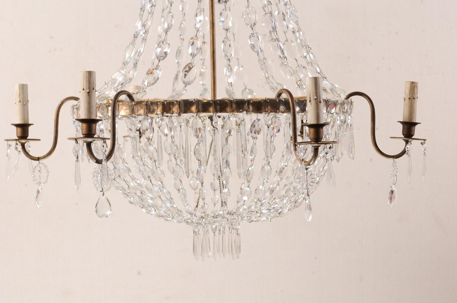 Pair of French Vintage Empire Style Six-Light Crystal Basket-Shaped Chandeliers For Sale 4