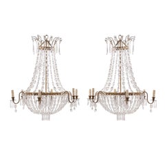 Pair of French Vintage Empire Style Six-Light Crystal Basket-Shaped Chandeliers