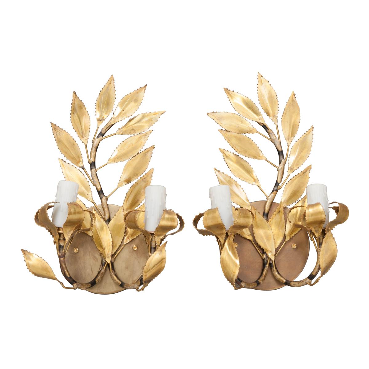 Pair of French Vintage Gilt-Brass Laurel Leaf Two-Light Sconces