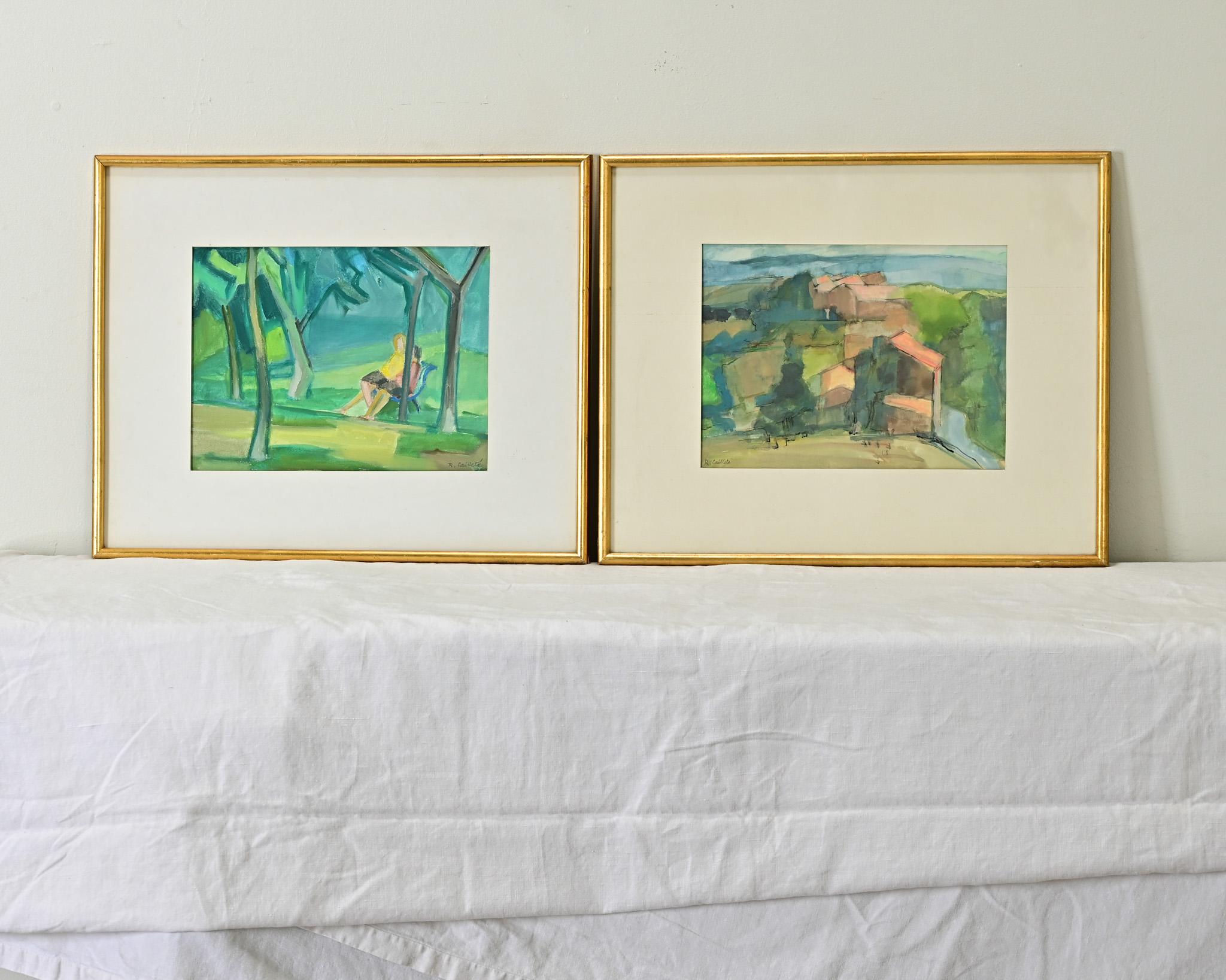 A pair of vintage French watercolor paintings by Roger Caillete, one figurative and one landscape, they are set within matching gilt frames allowing them to be displayed together or separately to contemplate each one’s unique perspective and