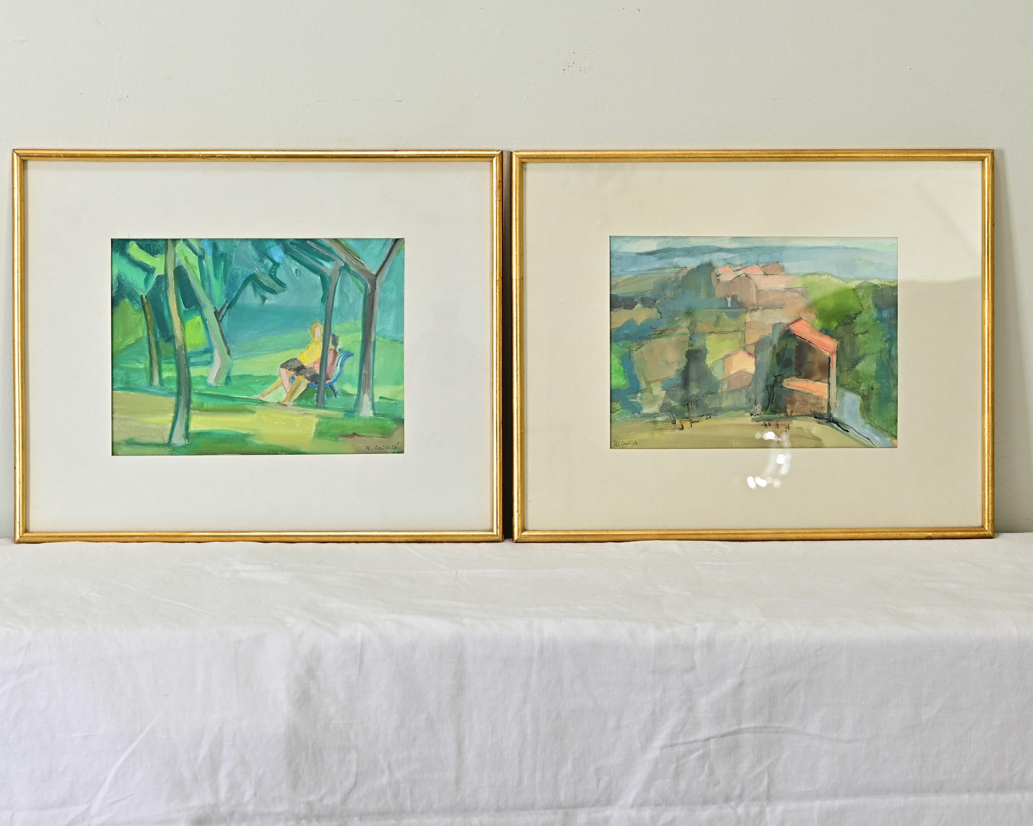 Modern Pair of French Vintage Gilt Framed Watercolor Paintings For Sale