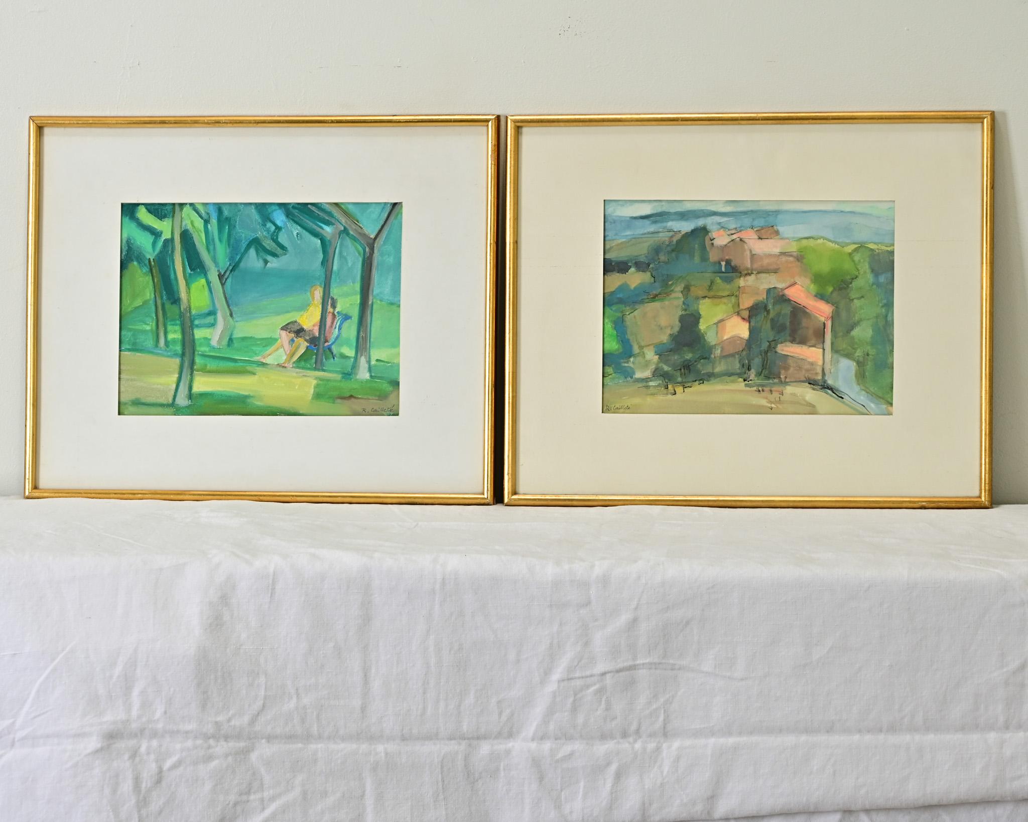 Other Pair of French Vintage Gilt Framed Watercolor Paintings For Sale