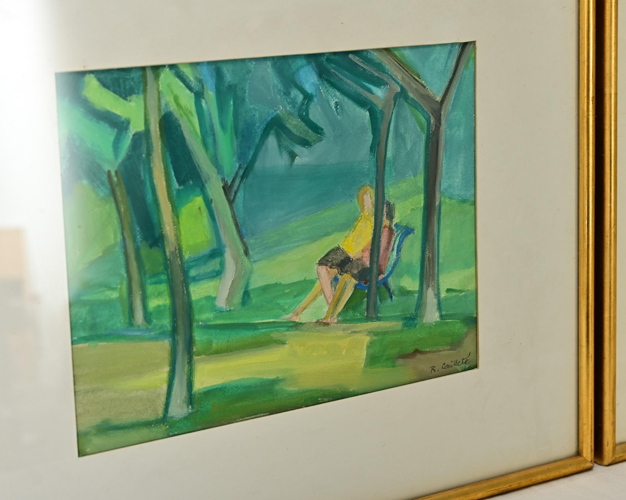 Pair of French Vintage Gilt Framed Watercolor Paintings In Good Condition For Sale In Baton Rouge, LA