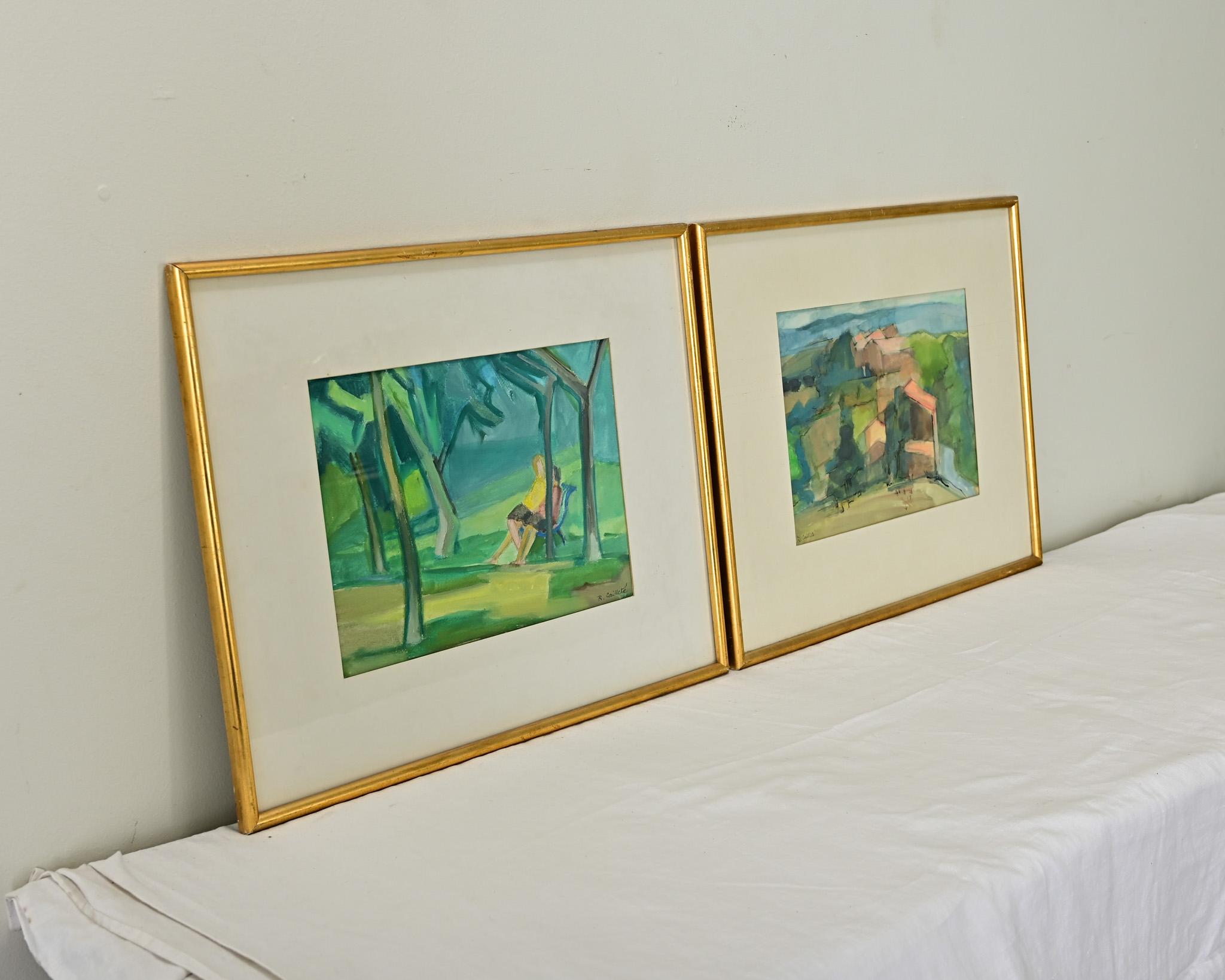 20th Century Pair of French Vintage Gilt Framed Watercolor Paintings For Sale