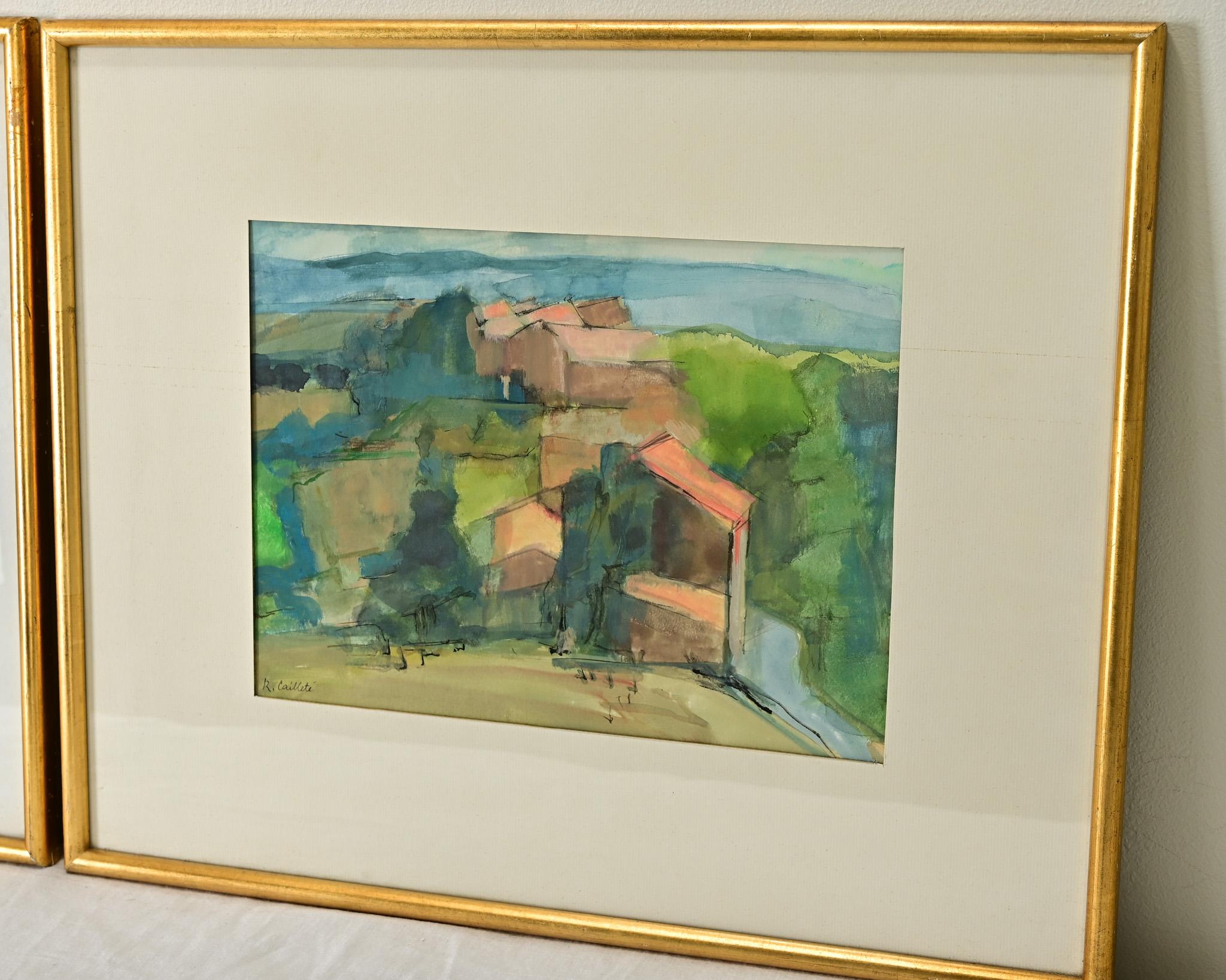 Giltwood Pair of French Vintage Gilt Framed Watercolor Paintings For Sale