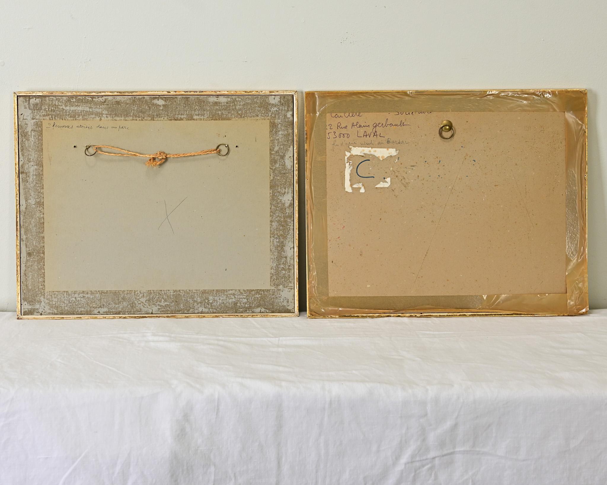 Pair of French Vintage Gilt Framed Watercolor Paintings For Sale 2