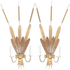 Pair of French Vintage Gilt Metal "Cattail" Sconces