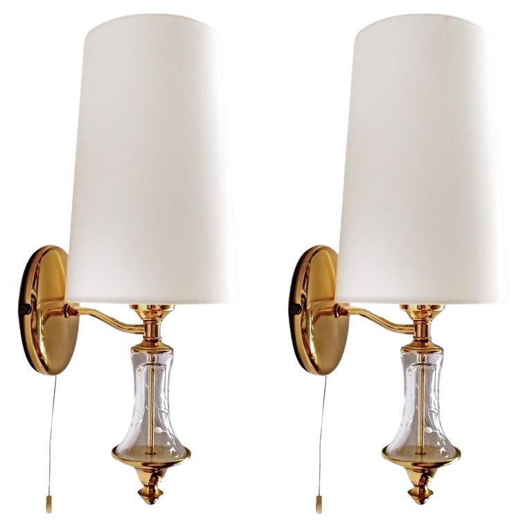 Pair of French Vintage Glass and Brass Wall Lights Sconces, 1970s For Sale