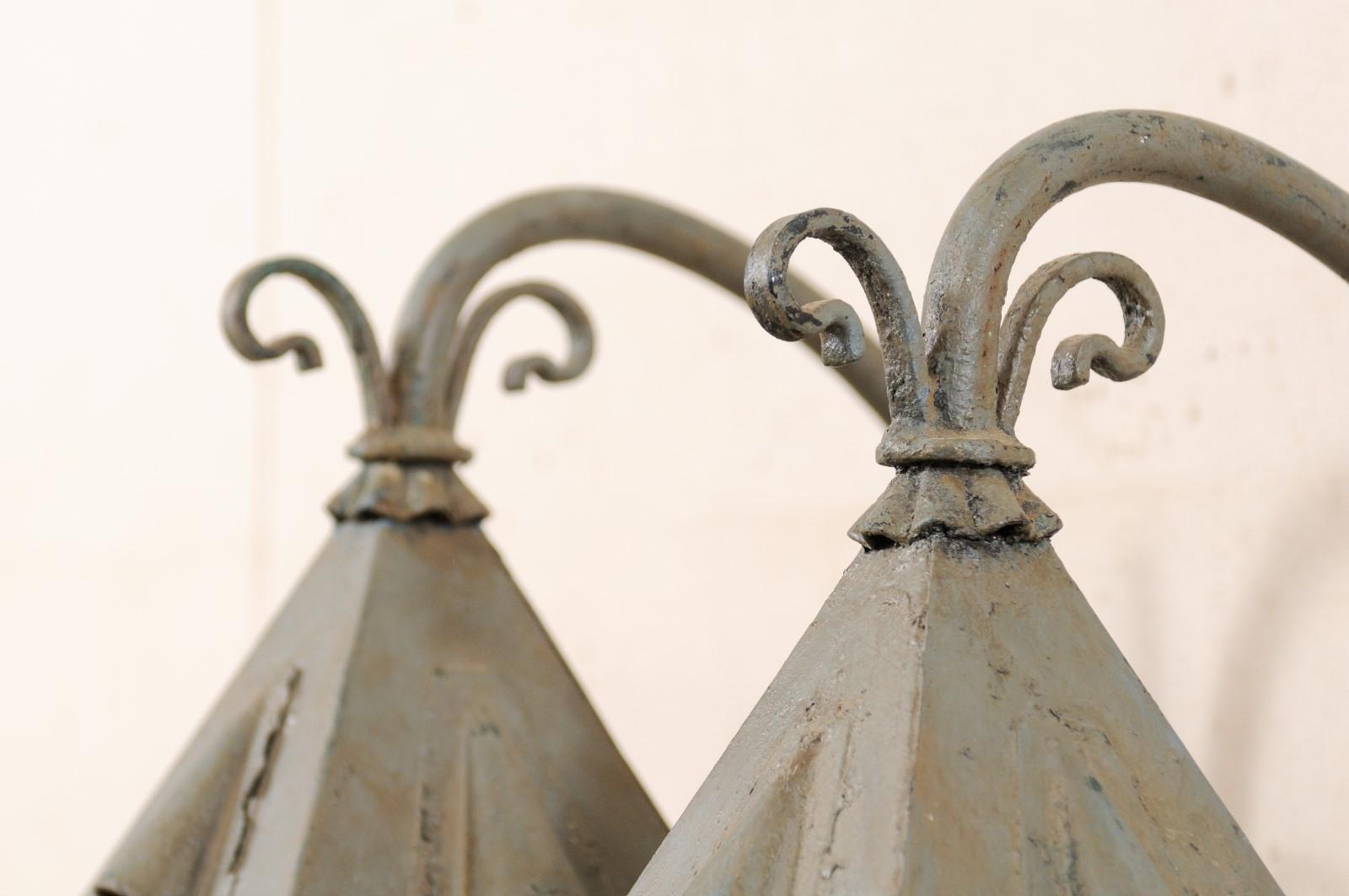 Pair of French Vintage Grey-Blue Painted Iron Wall Mount Sconce Lanterns For Sale 2