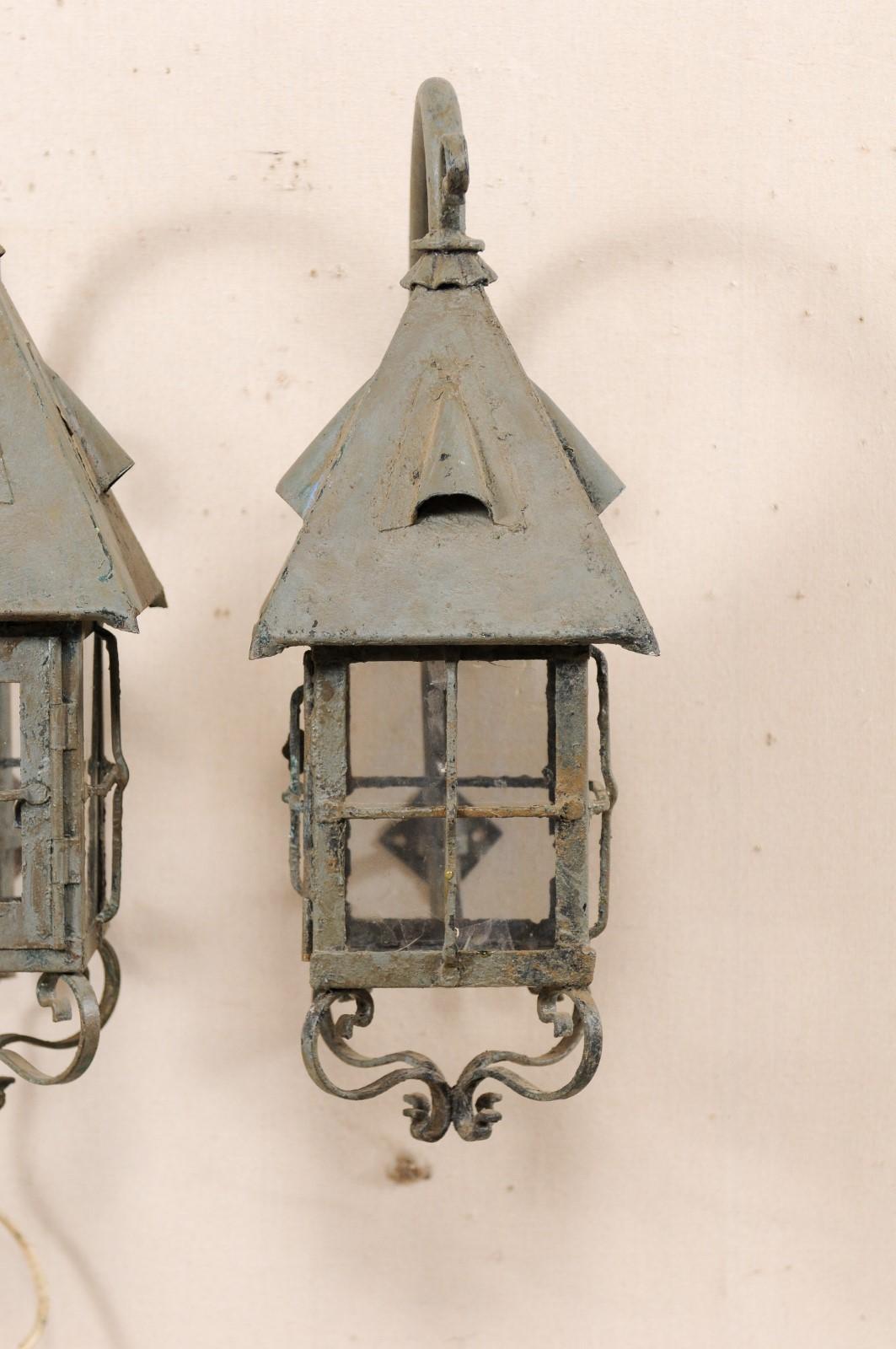 Pair of French Vintage Grey-Blue Painted Iron Wall Mount Sconce Lanterns In Good Condition For Sale In Atlanta, GA