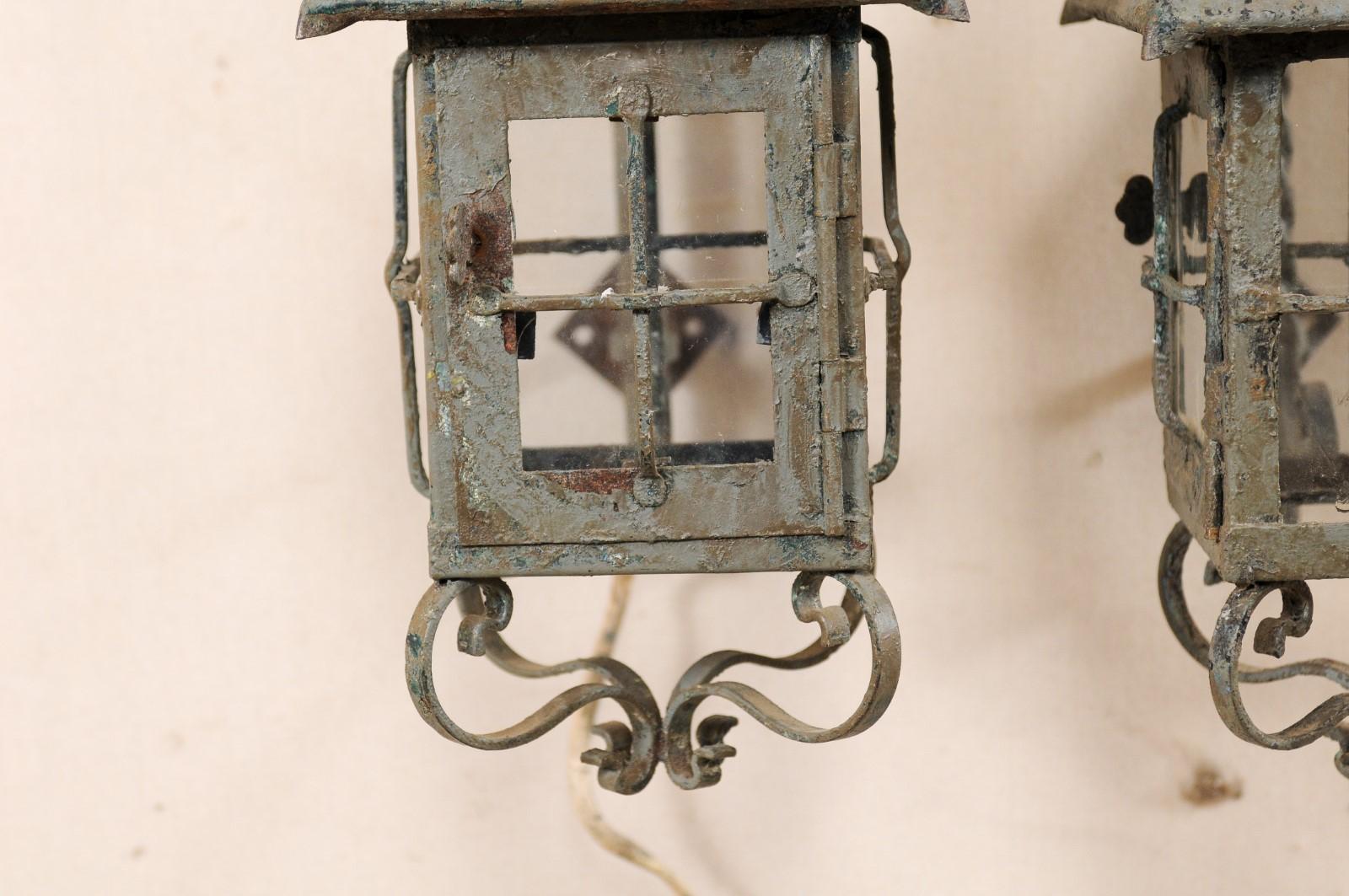20th Century Pair of French Vintage Grey-Blue Painted Iron Wall Mount Sconce Lanterns For Sale