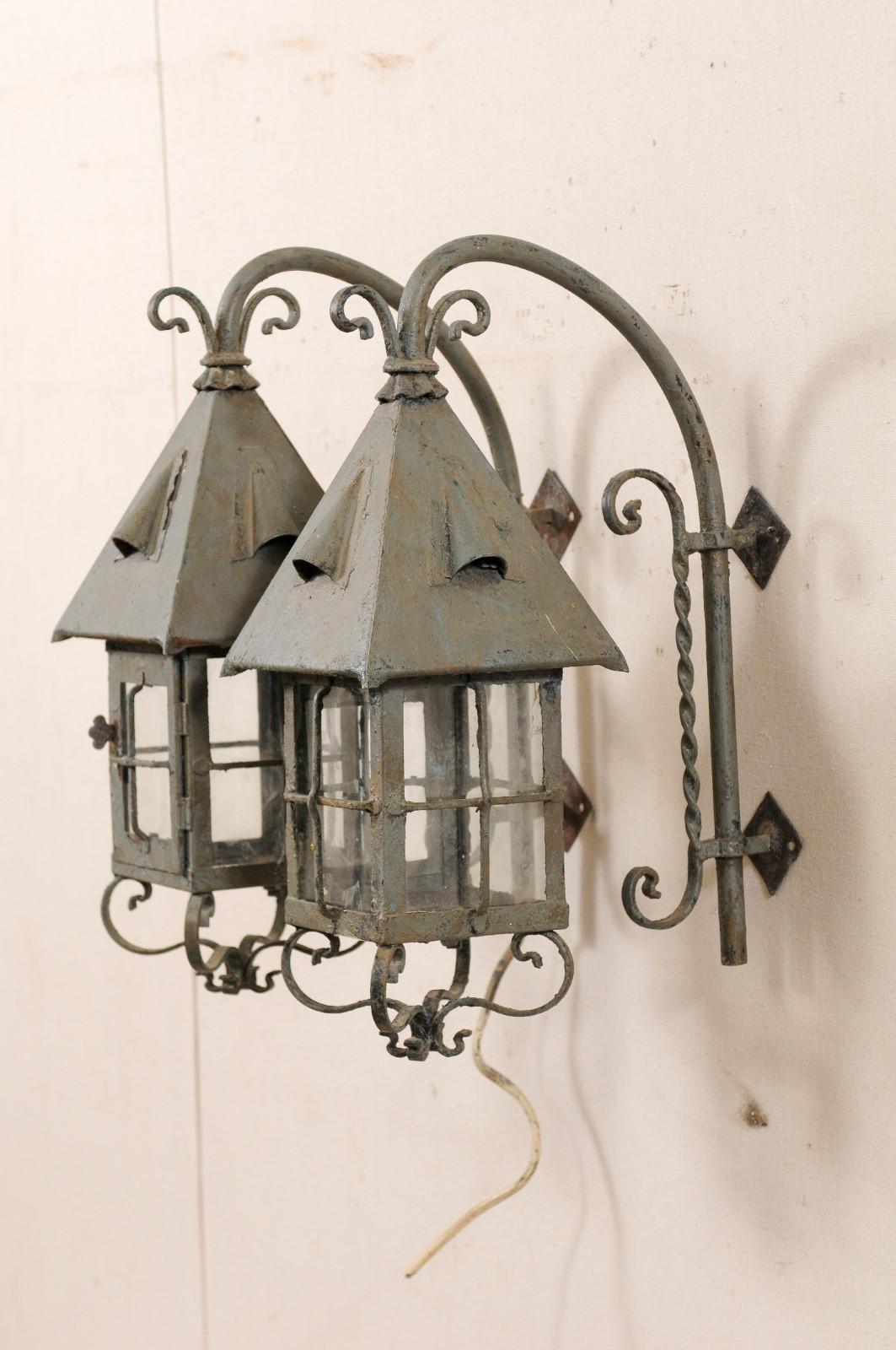 Glass Pair of French Vintage Grey-Blue Painted Iron Wall Mount Sconce Lanterns For Sale