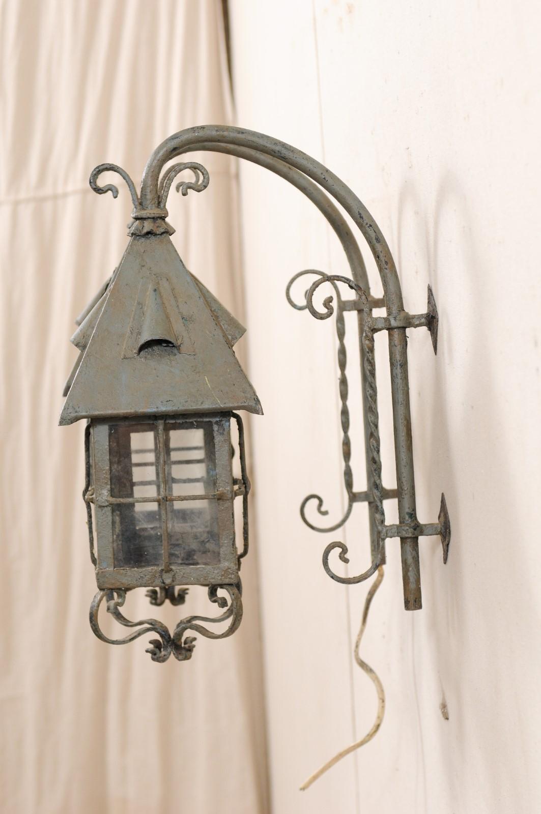 Pair of French Vintage Grey-Blue Painted Iron Wall Mount Sconce Lanterns For Sale 1
