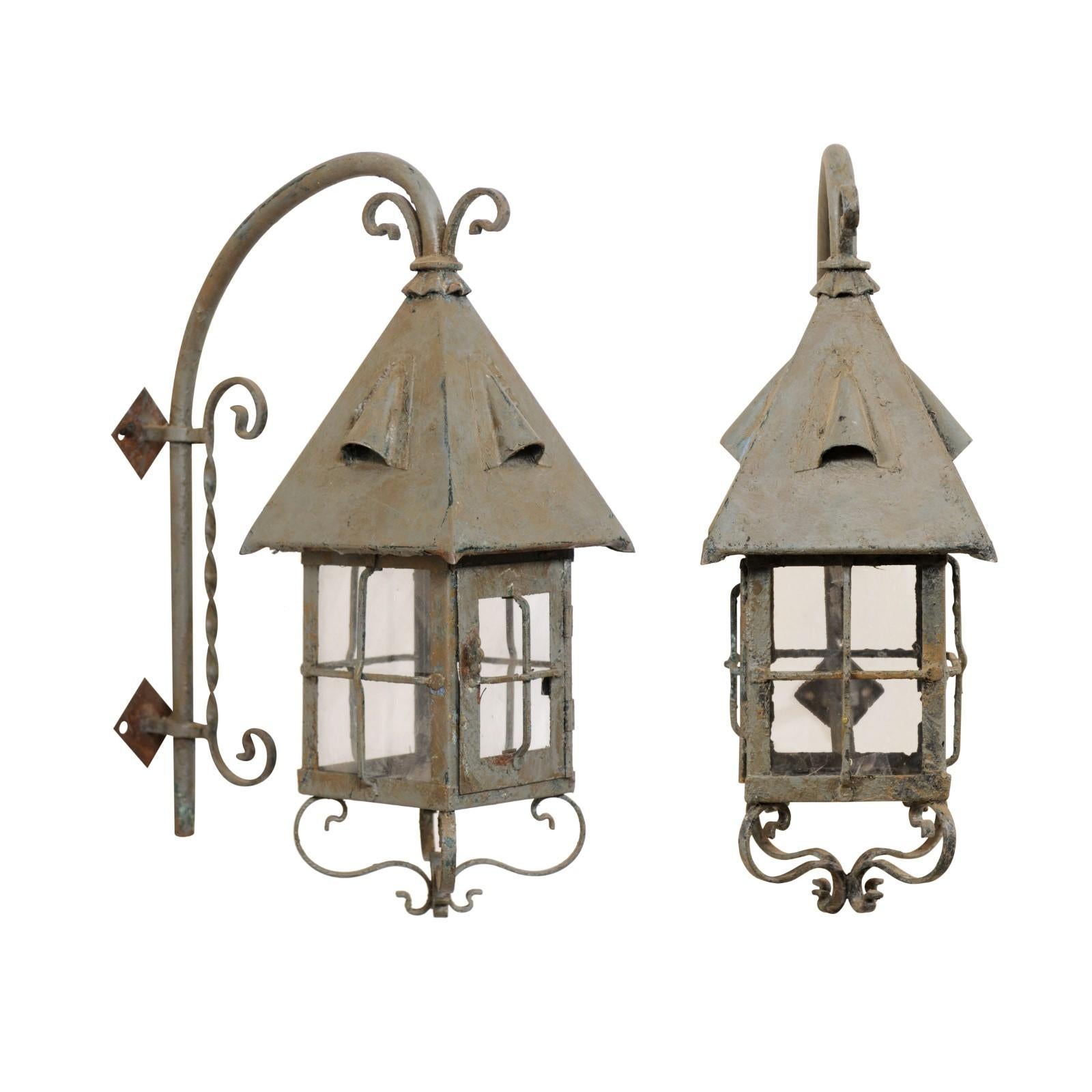 Pair of French Vintage Grey-Blue Painted Iron Wall Mount Sconce Lanterns