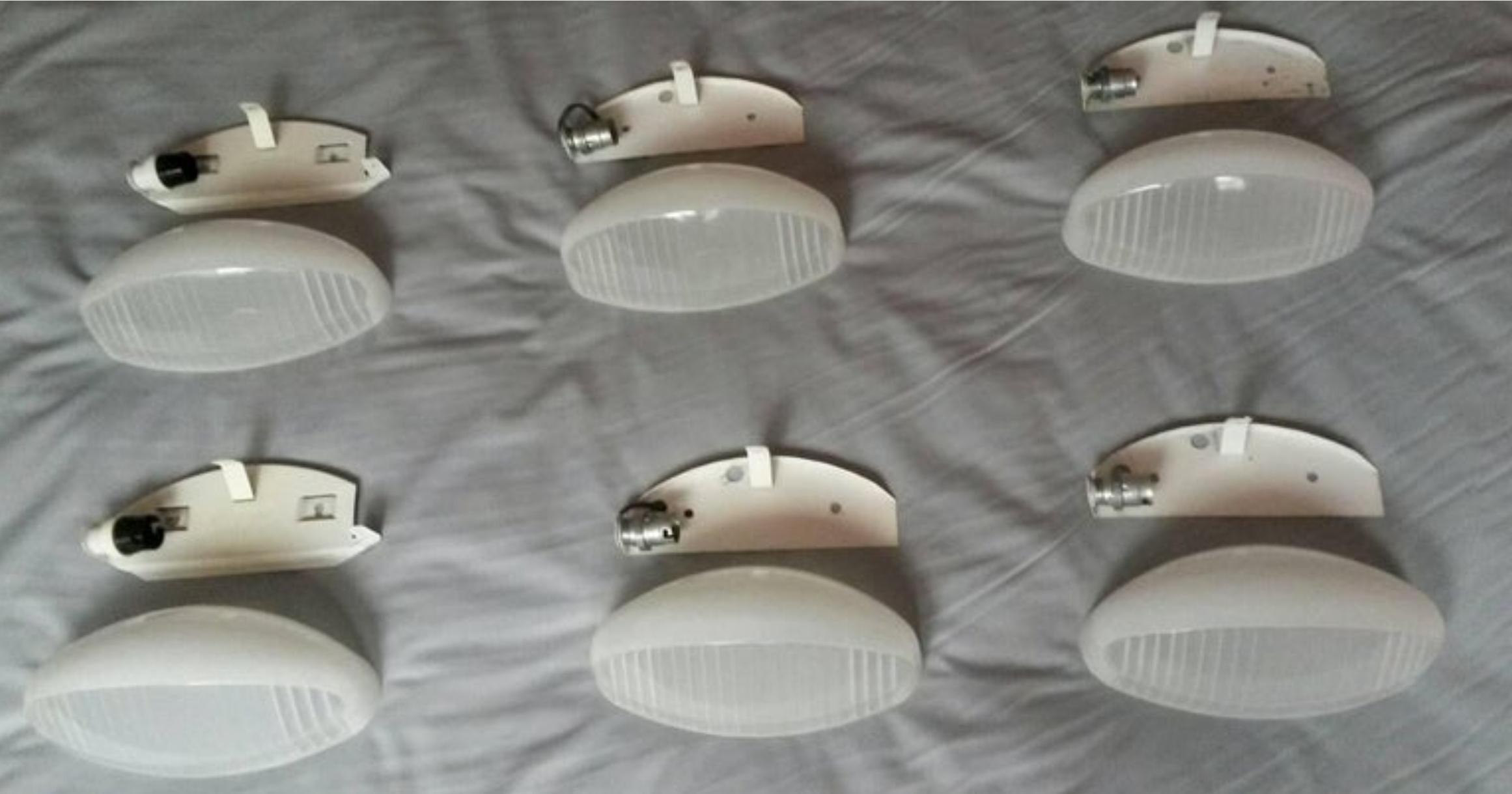 Set of three pairs ( 6 total) of vintage sconces in thick white glass by the French company Holophane specialized in industrial lightings, France, Mid-Century Modern, 1960’s.
Each sconce comes with its original fixation base and bulb holder. (Two