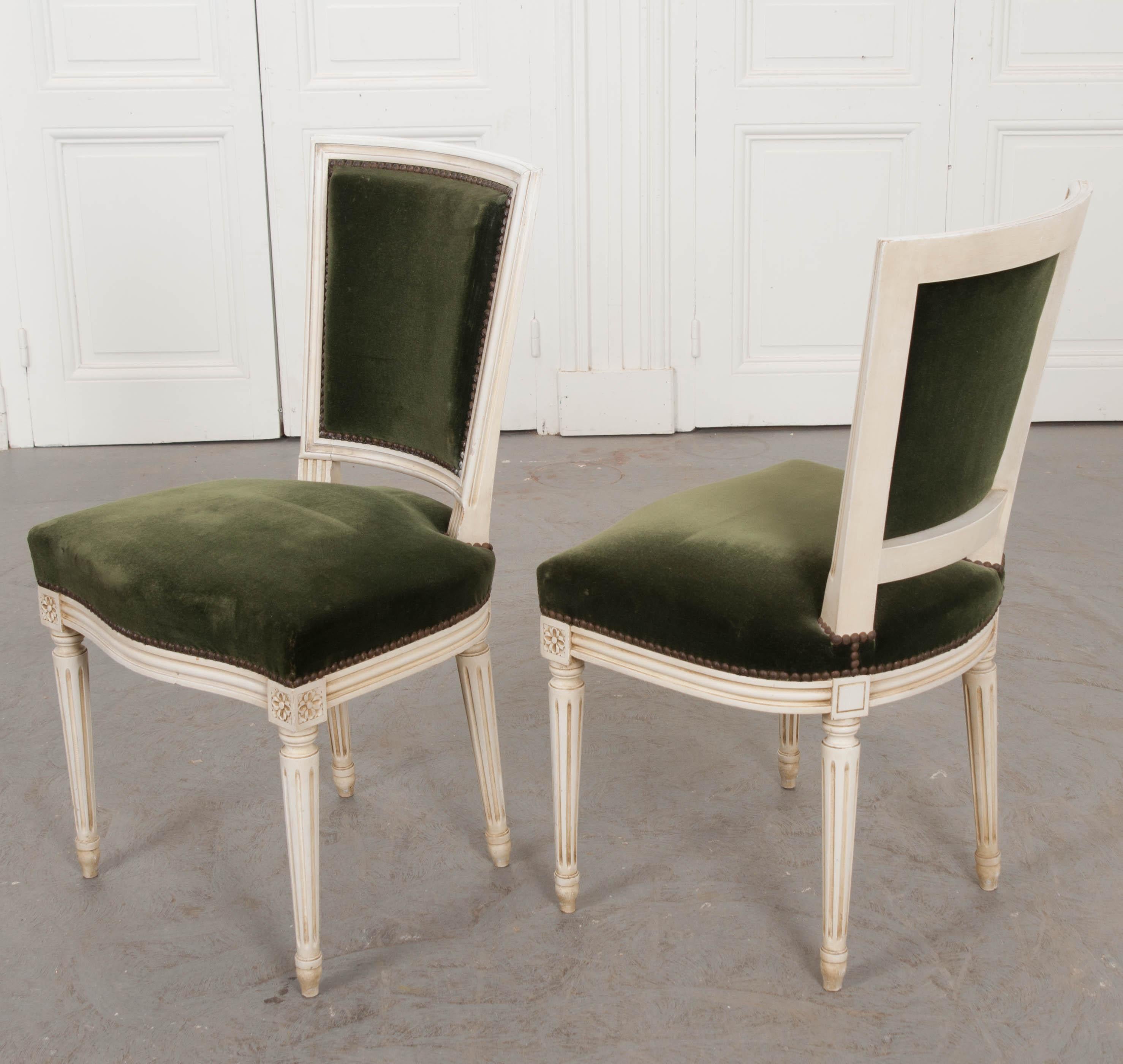 Velvet Pair of French Vintage Louis XVI Painted Side Chairs