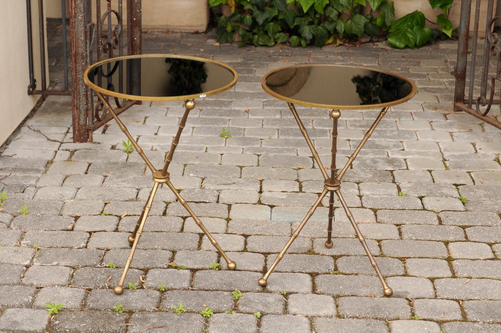 Pair of French vintage Maison Jansen Style Brass and Mirror Faux-Bamboo Tables 5