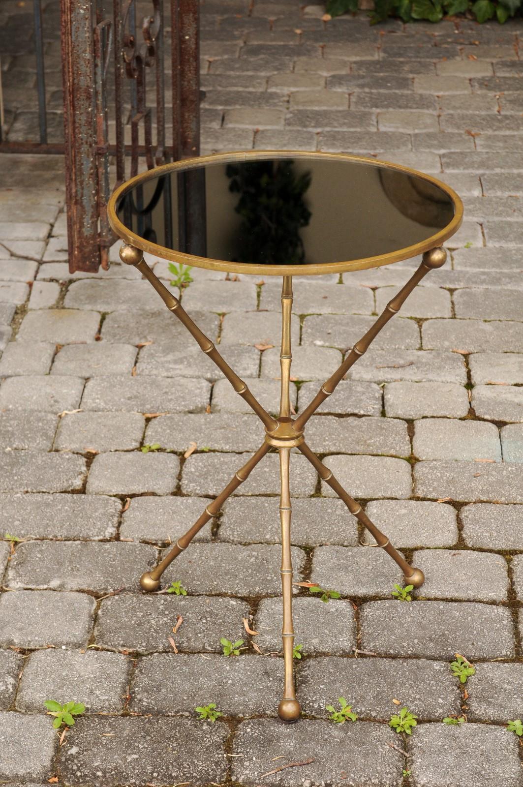 Pair of French vintage Maison Jansen Style Brass and Mirror Faux-Bamboo Tables In Good Condition In Atlanta, GA