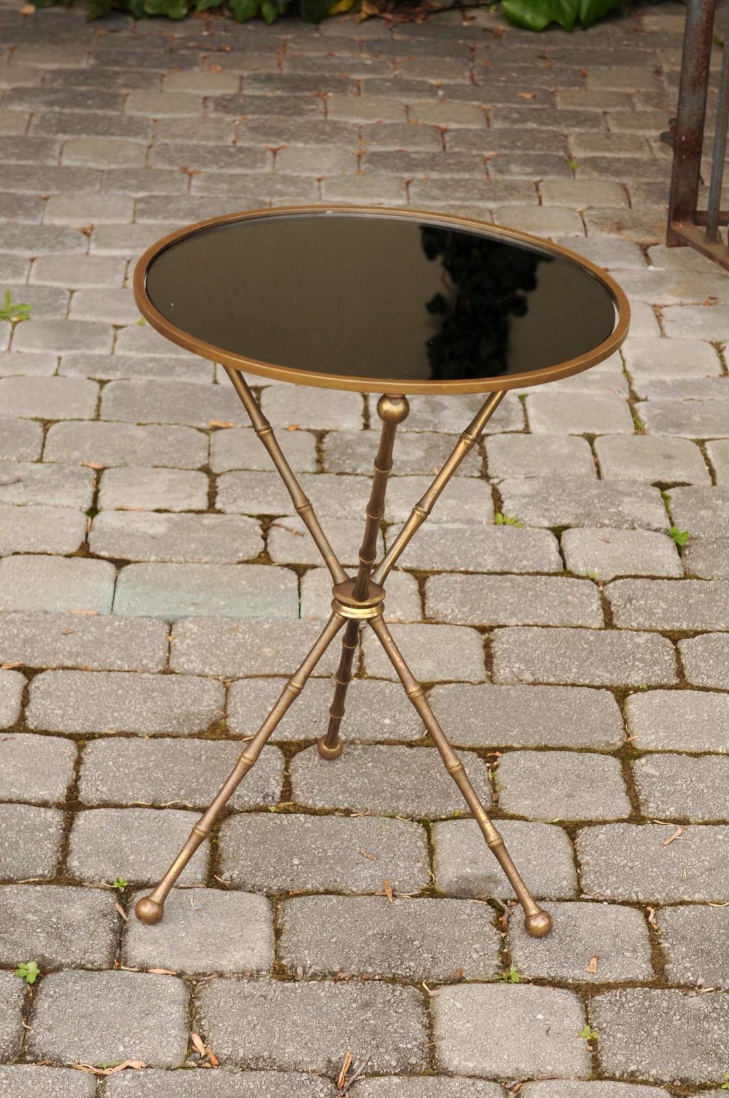 20th Century Pair of French vintage Maison Jansen Style Brass and Mirror Faux-Bamboo Tables