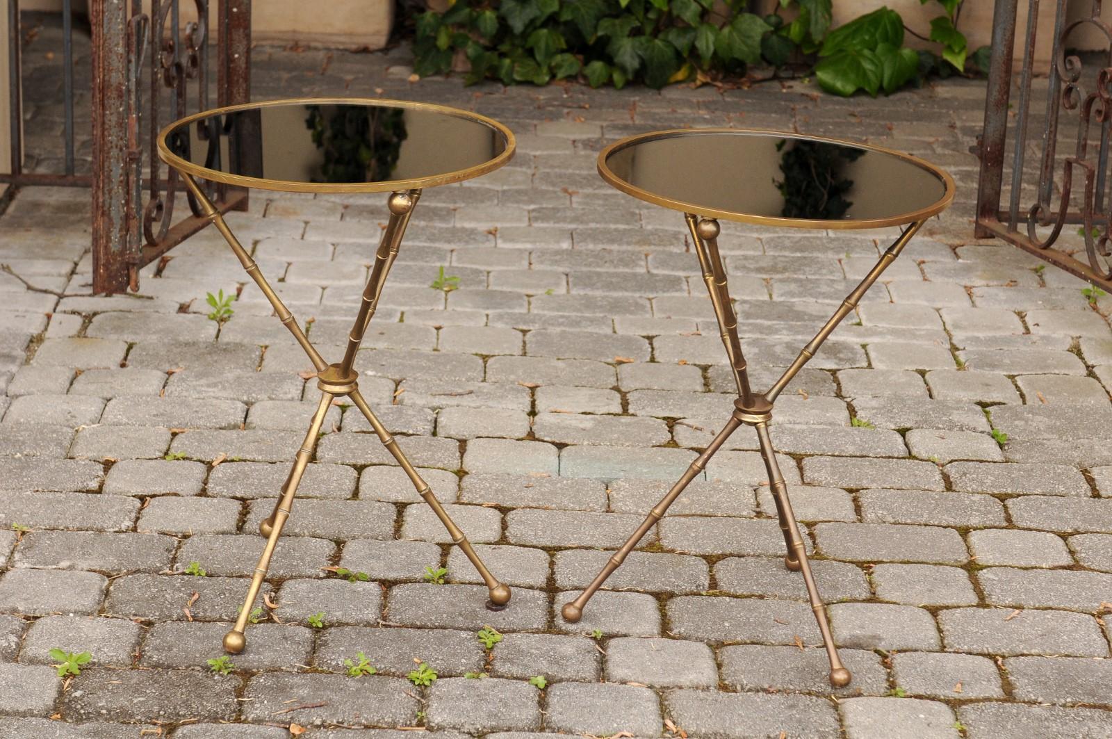 Pair of French vintage Maison Jansen Style Brass and Mirror Faux-Bamboo Tables 1