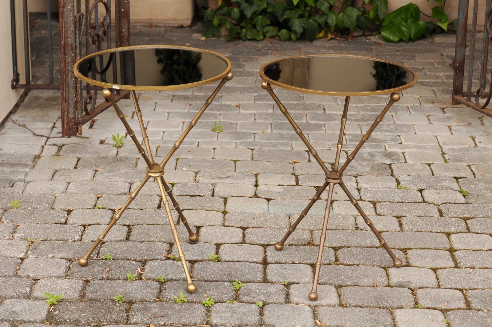Pair of French vintage Maison Jansen Style Brass and Mirror Faux-Bamboo Tables 2