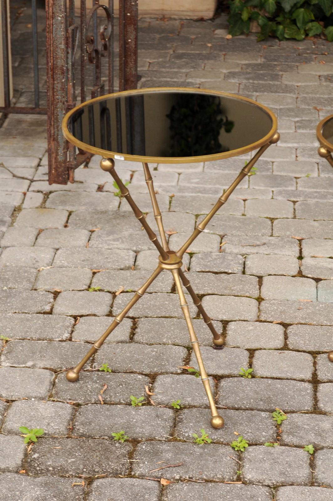 Pair of French vintage Maison Jansen Style Brass and Mirror Faux-Bamboo Tables 3