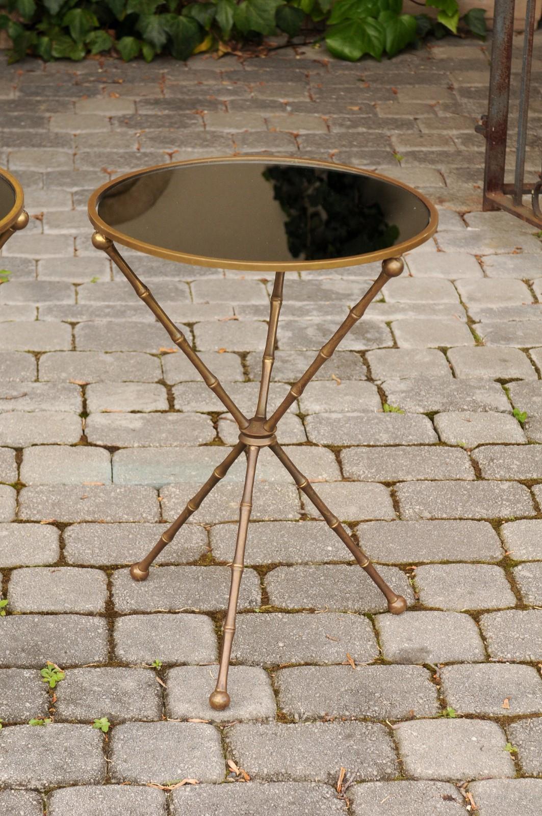 Pair of French vintage Maison Jansen Style Brass and Mirror Faux-Bamboo Tables 4