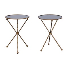 Pair of French vintage Maison Jansen Style Brass and Mirror Faux-Bamboo Tables