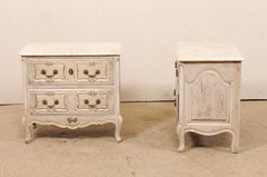 Pair of French Vintage Marble-Top Painted Wood Commodes with Pierced Skirts