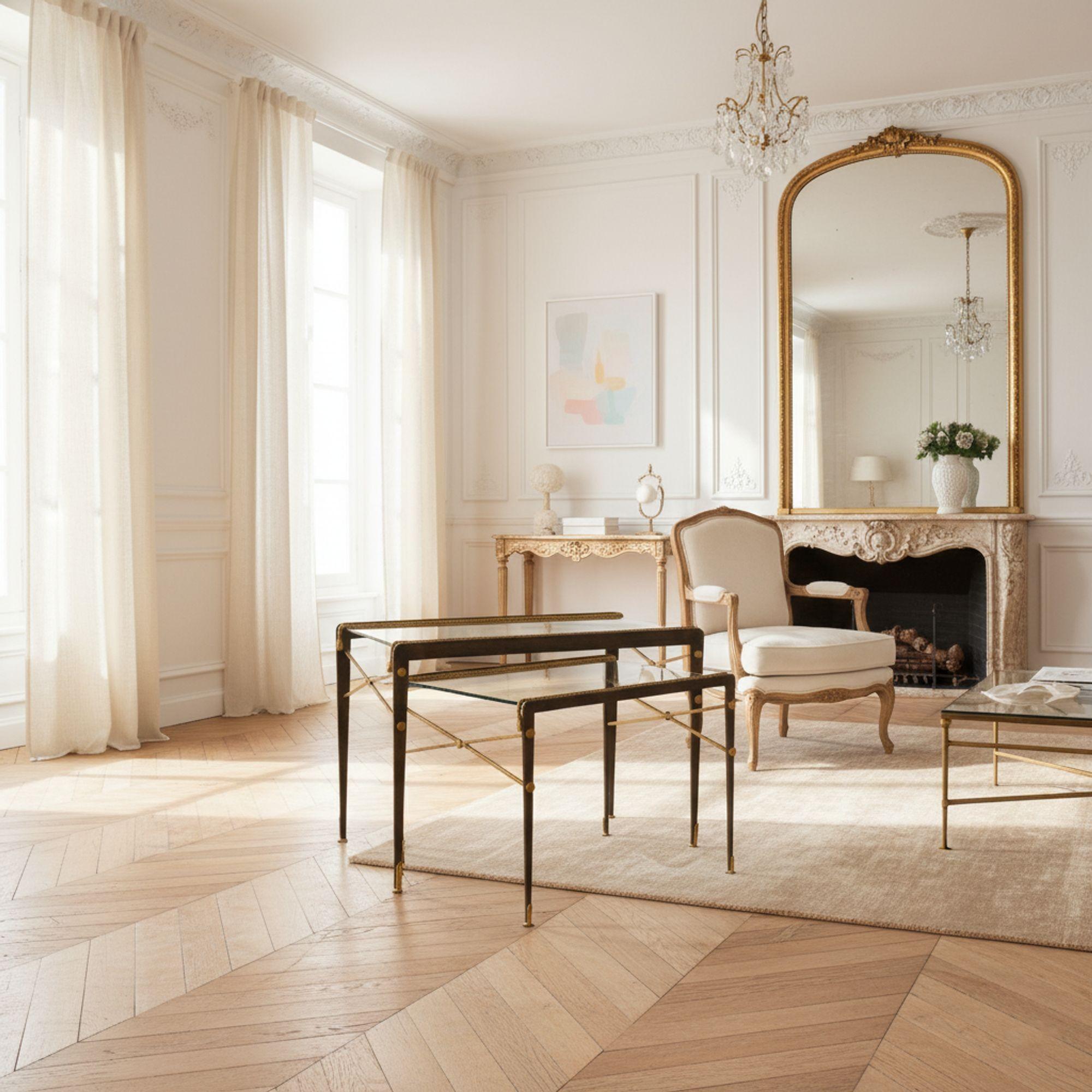 PAIRE DE TABLES GIGOGNES EN FER PATINÉ ET DORÉ DE STYLE MODERNE FRANÇAIS

Circa 1940-50, non marqué

20 1/4