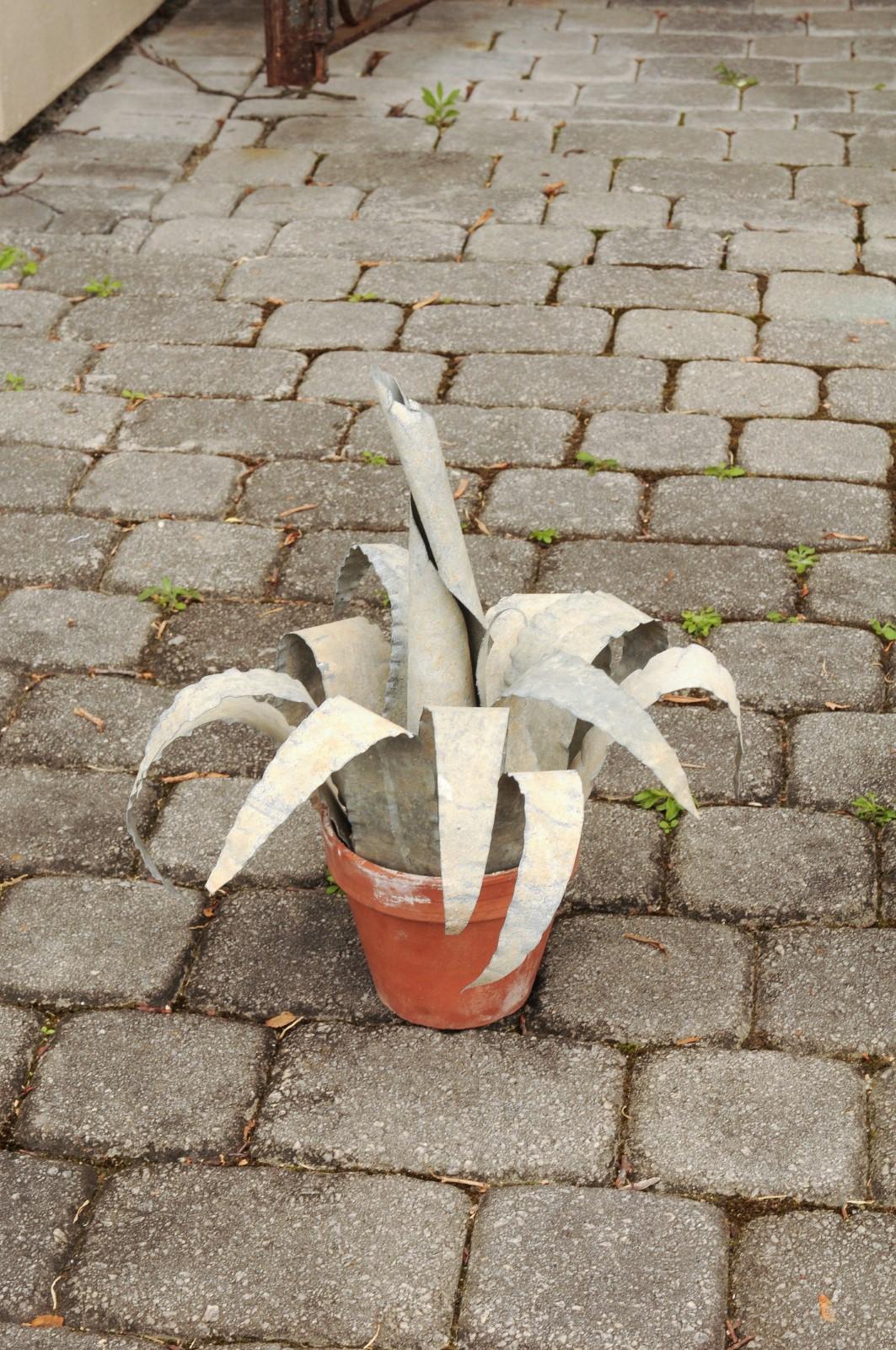 Two French Vintage Midcentury Zinc Agave Plant Sculptures in Terracotta Pots 5