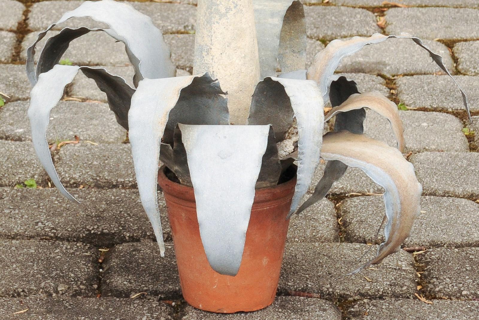 Two French Vintage Midcentury Zinc Agave Plant Sculptures in Terracotta Pots In Good Condition In Atlanta, GA