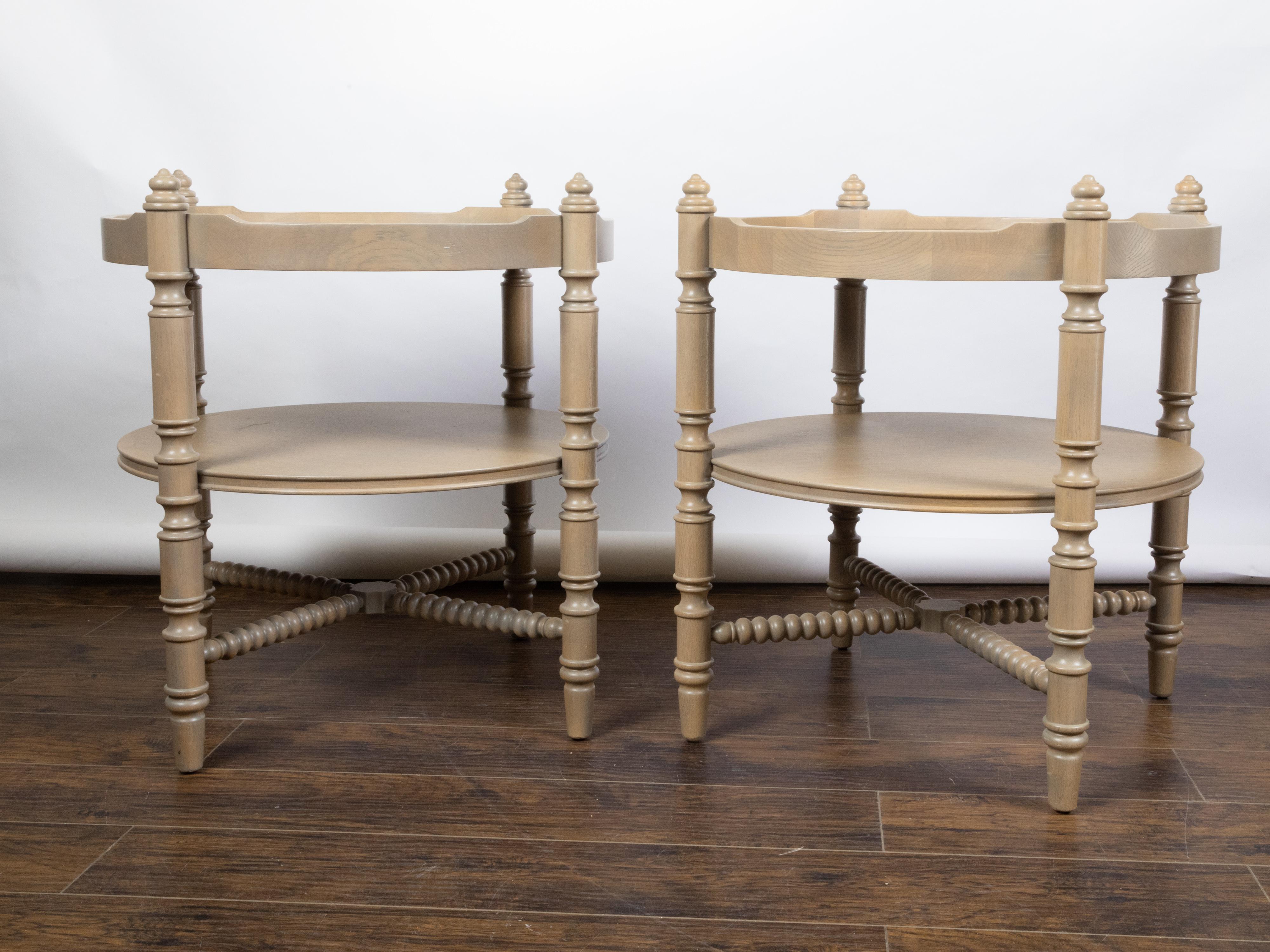Pair of French Vintage Oak side Tables with Mirrored Tops and Turned Legs For Sale 5