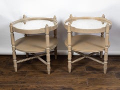 Pair of French Vintage Oak side Tables with Mirrored Tops and Turned Legs