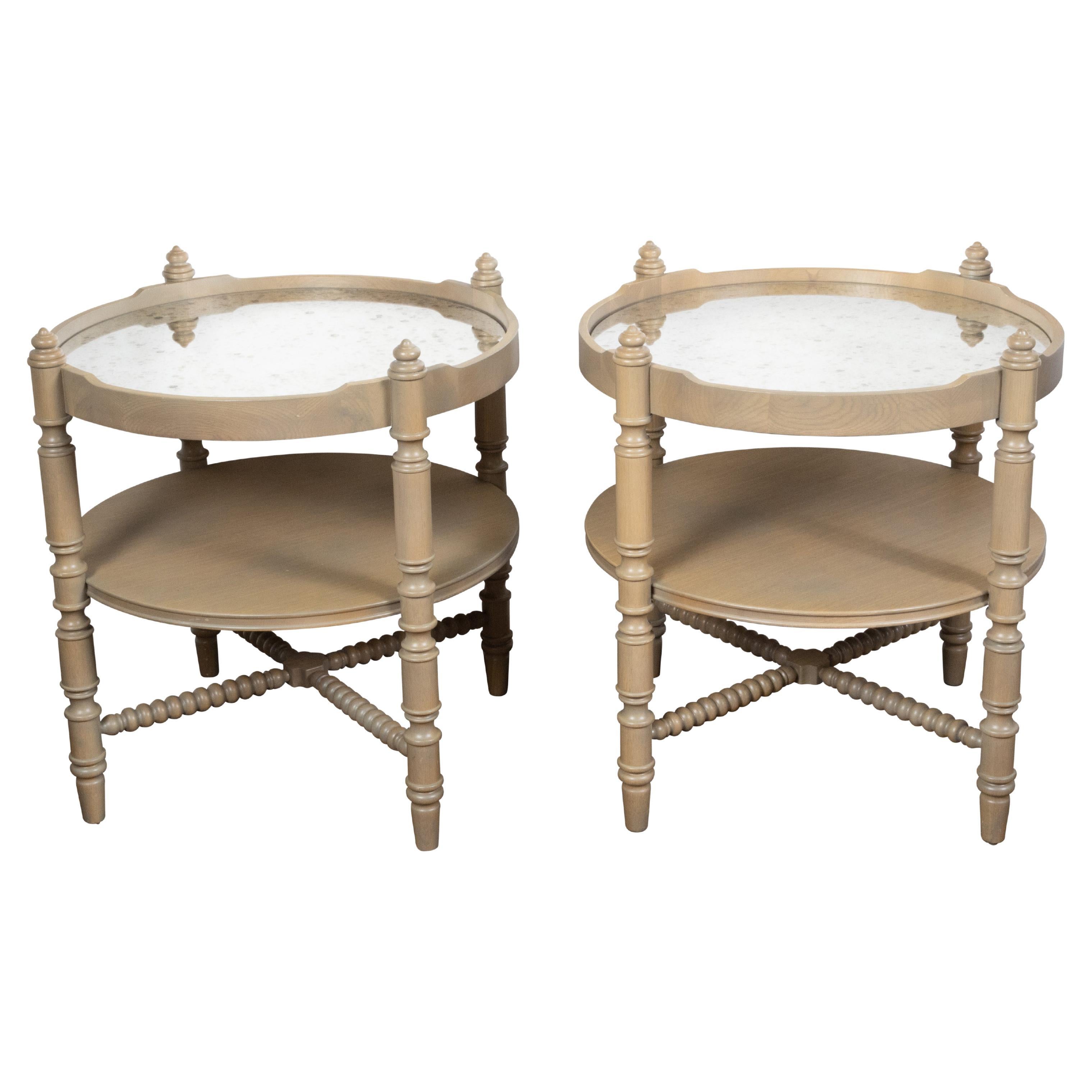 Pair of French Vintage Oak side Tables with Mirrored Tops and Turned Legs For Sale