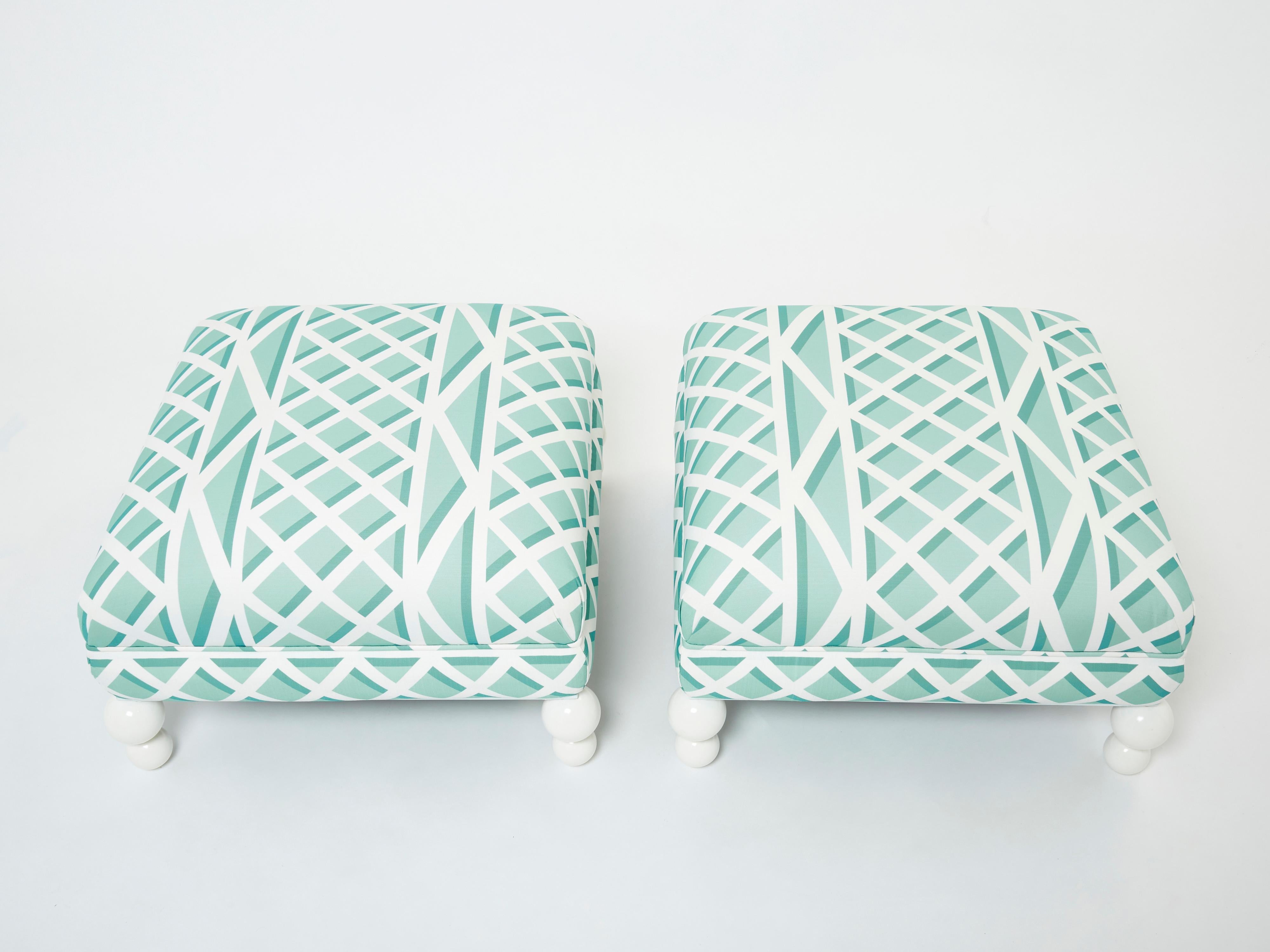 Pair of French Vintage Outdoor Ottomans Poufs Reupholstered, 1970s In Good Condition For Sale In Paris, IDF