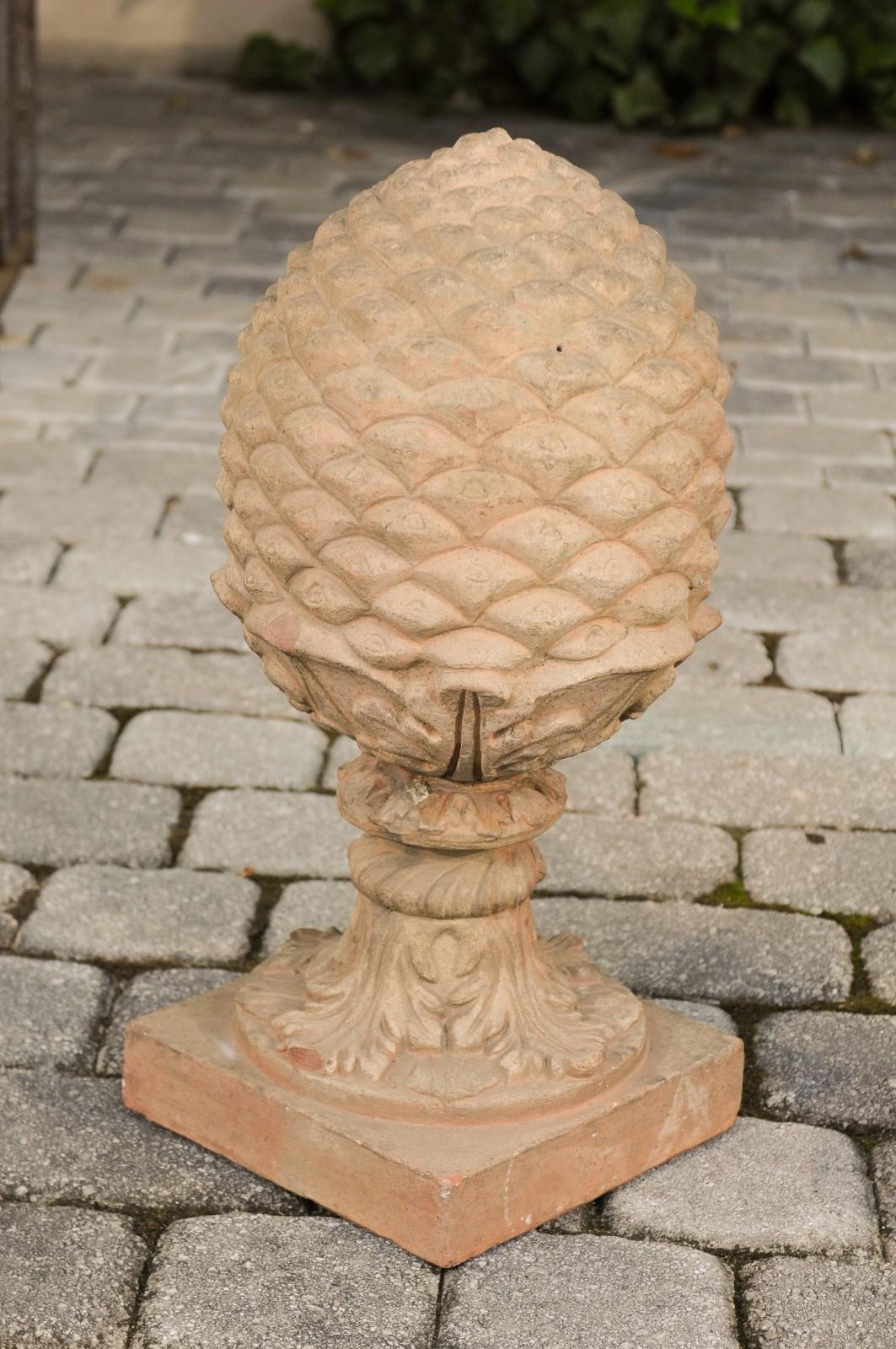 Pair of French Vintage Painted Terracotta Pinecone Finials with Acanthus Leaves 4