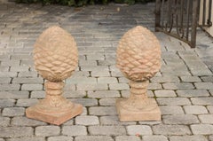 Pair of French Vintage Painted Terracotta Pinecone Finials with Acanthus Leaves