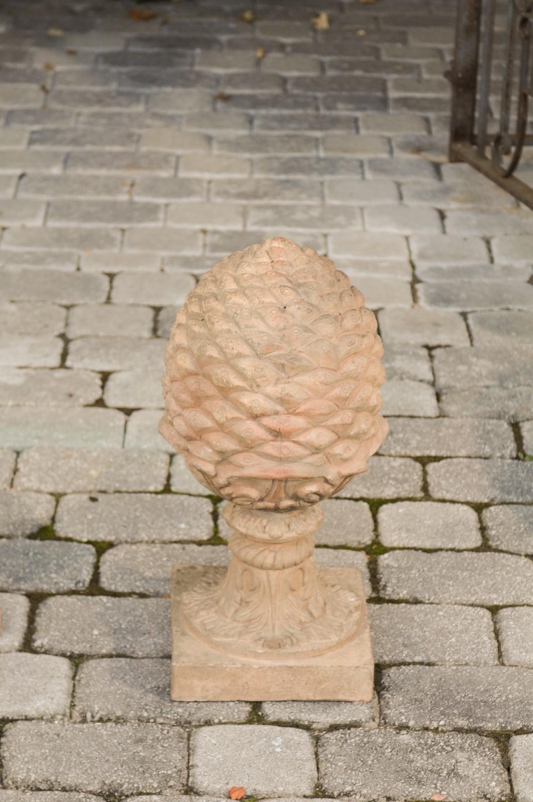 Pair of French Vintage Painted Terracotta Pinecone Finials with Acanthus Leaves In Good Condition In Atlanta, GA