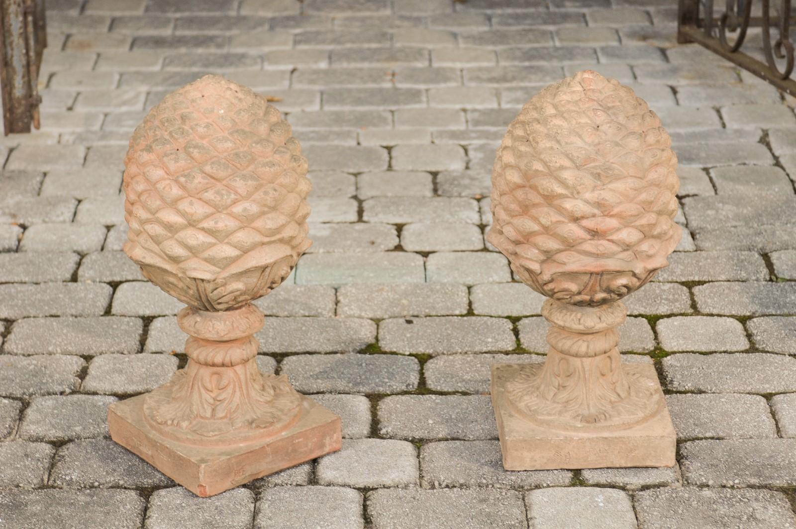 20th Century Pair of French Vintage Painted Terracotta Pinecone Finials with Acanthus Leaves