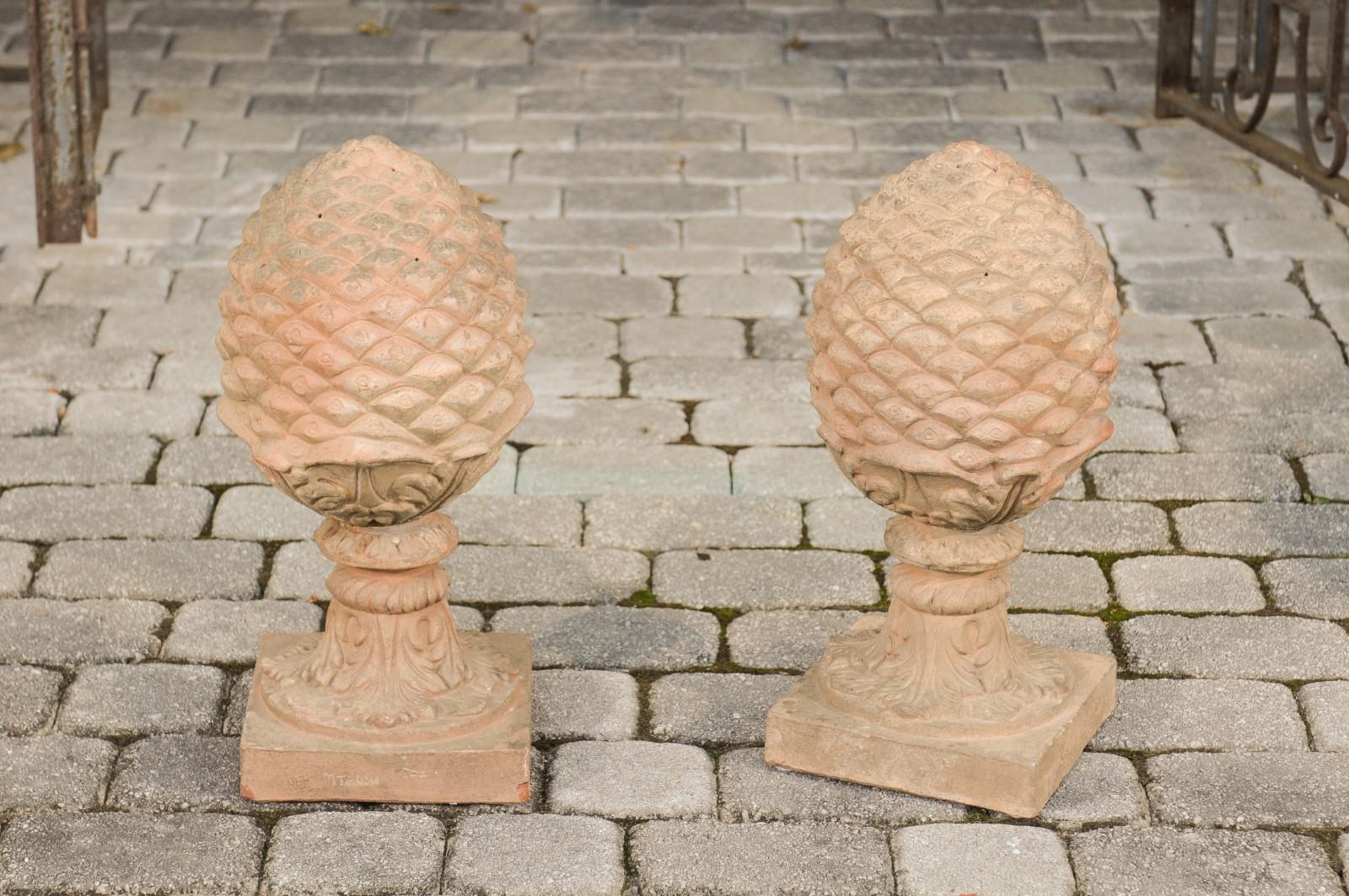 Pair of French Vintage Painted Terracotta Pinecone Finials with Acanthus Leaves 1