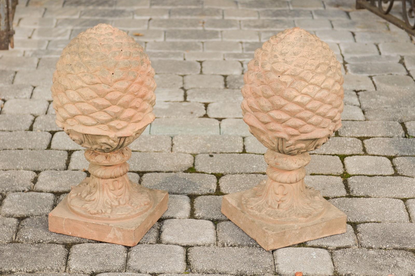 Pair of French Vintage Painted Terracotta Pinecone Finials with Acanthus Leaves 2