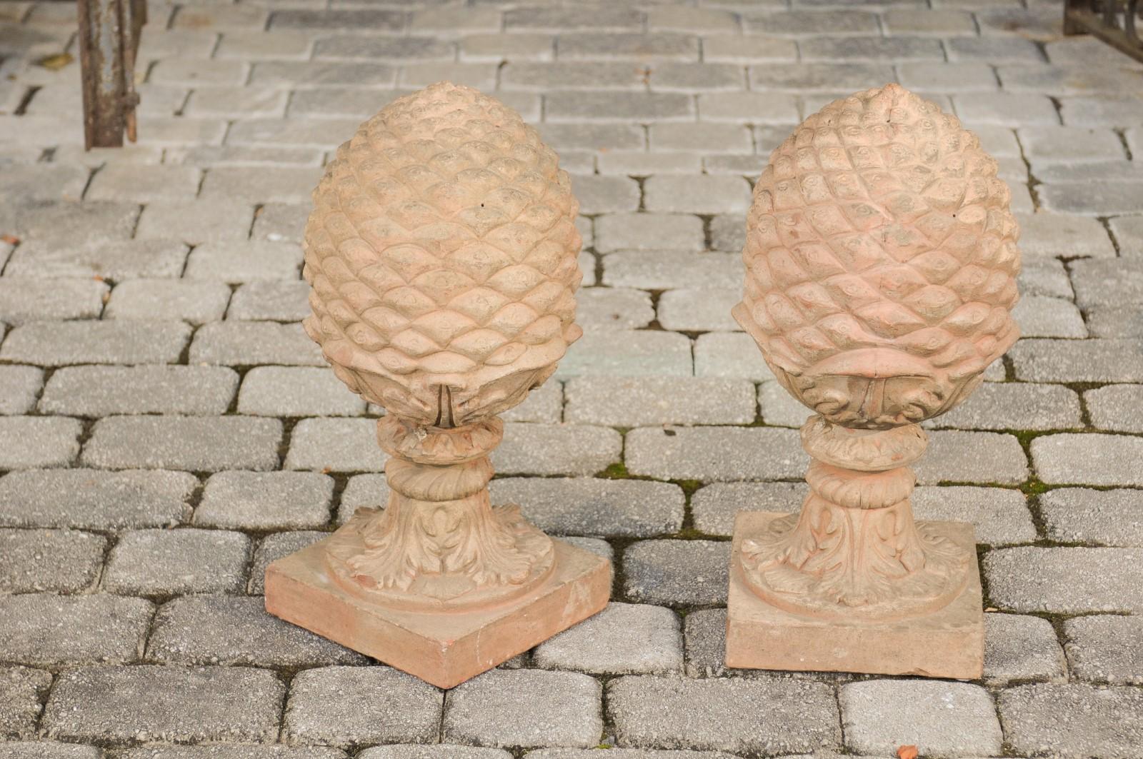 Pair of French Vintage Painted Terracotta Pinecone Finials with Acanthus Leaves 3