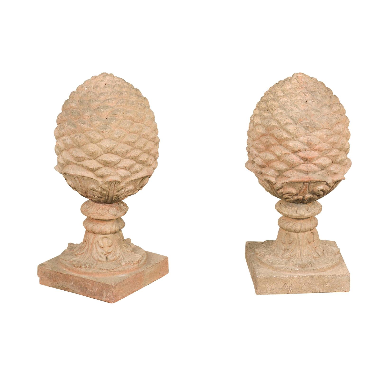 Pair of French Vintage Painted Terracotta Pinecone Finials with Acanthus Leaves