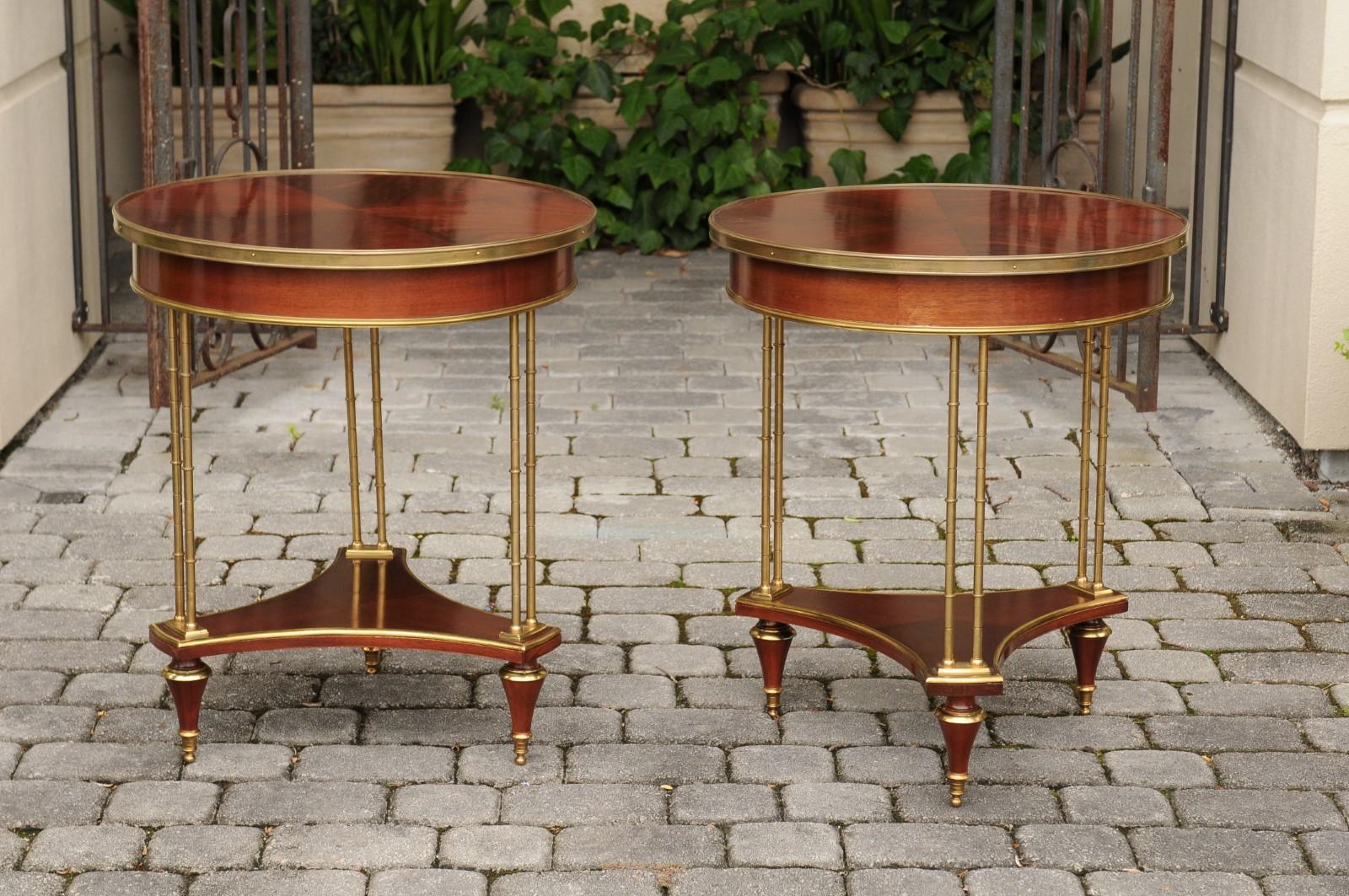 Pair of French Vintage Quarter-Veneered Mahogany and Brass Circular Tables 5