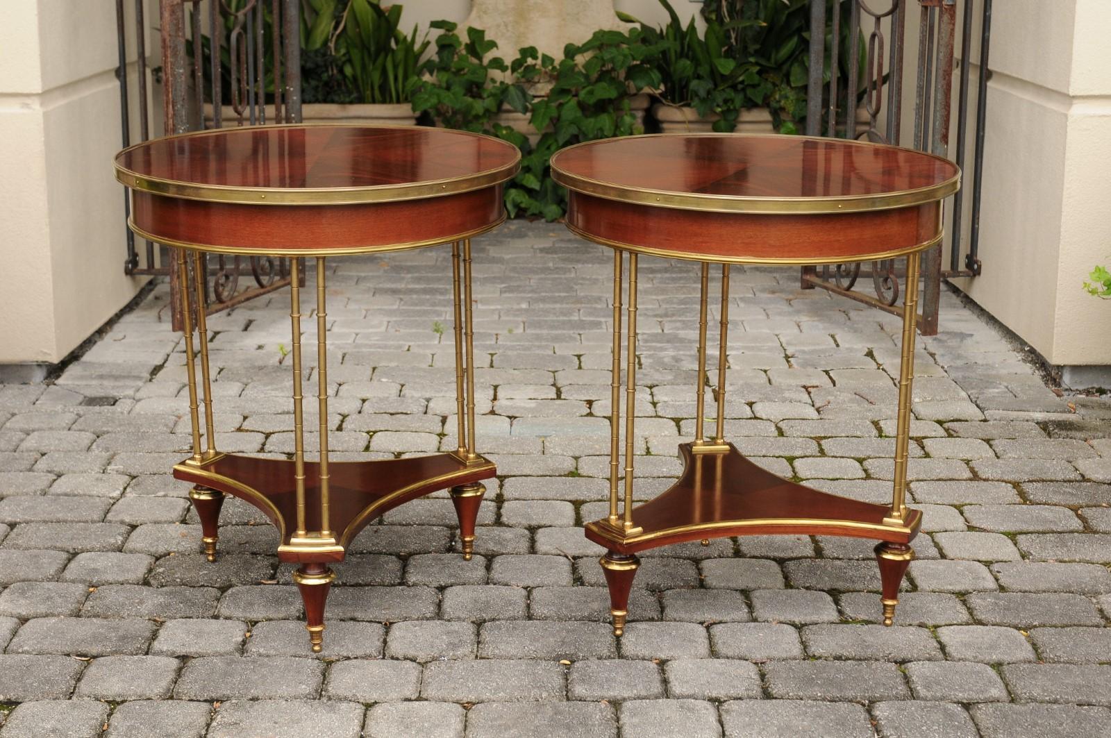 Pair of French Vintage Quarter-Veneered Mahogany and Brass Circular Tables 6